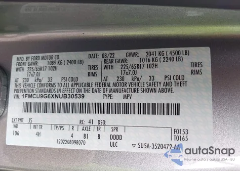 2022 Ford Escape Se z USA, uszkodzony, nr VIN 1FMCU9G6XNUB30539